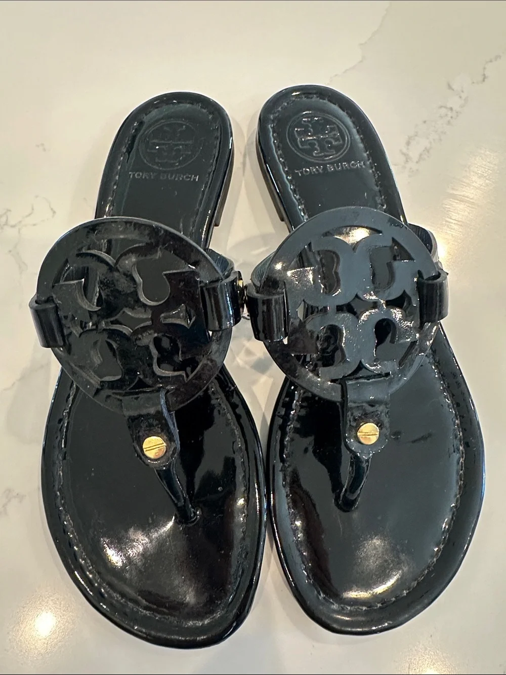 Tory Burch Miller Sandals Patent Black Size 7